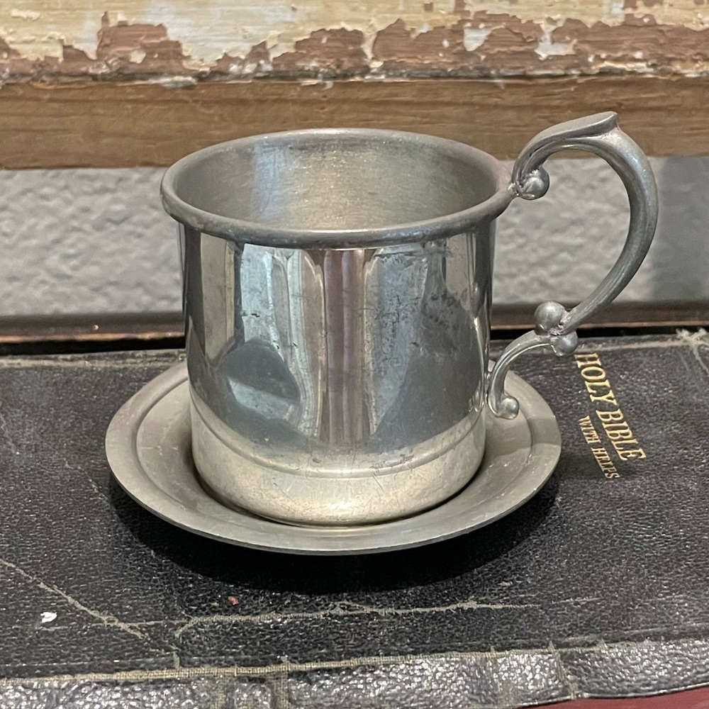 Vintage pewter baby’s cup and saucer